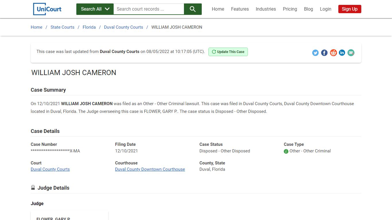 WILLIAM JOSH CAMERON | Court Records - UniCourt